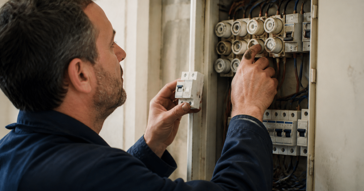 Technicien remplace fusible ancien par disjoncteur moderne dans panneau