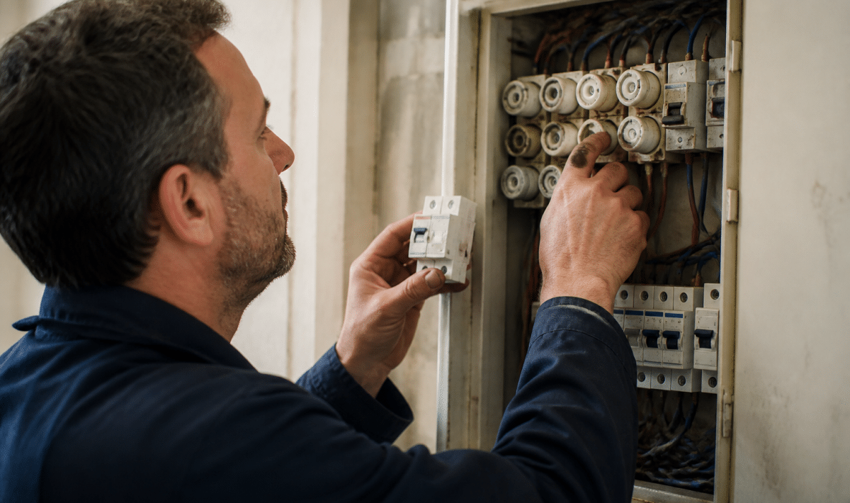 Technicien remplace fusible ancien par disjoncteur moderne dans panneau