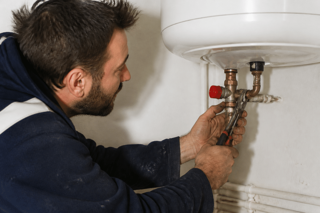 Plombier serrant tuyau groupe securite chauffe-eau