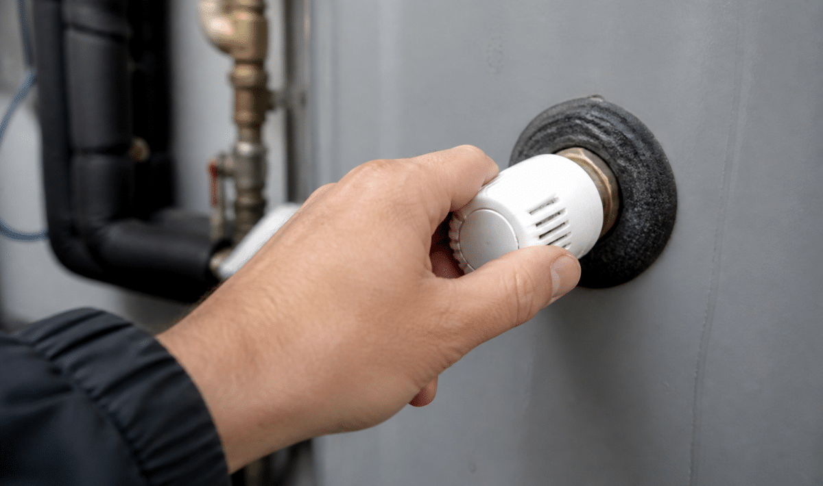 Main serrant le thermostat blanc sur reservoir metallique vertical