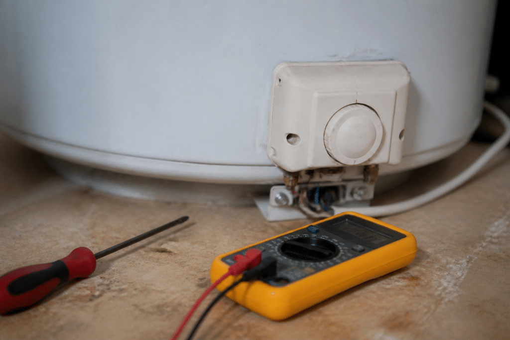 Tournevis et multimetre pres d'un thermostat de chauffe-eau