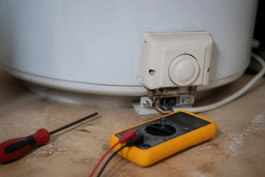 Tournevis et multimetre pres d'un thermostat de chauffe-eau