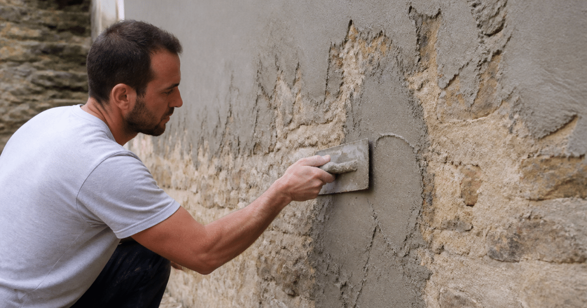Maçon appliquant enduit gris sur façade pierre avec truelle