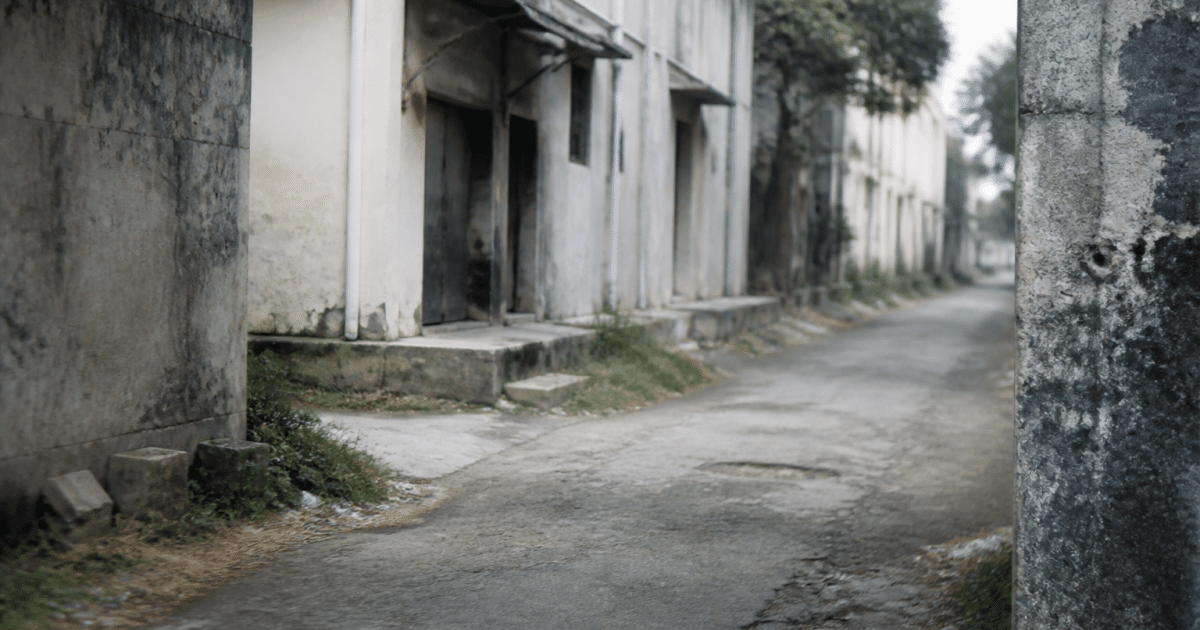 Rue urbaine abandonnee avec batiments deteriores et facades grises