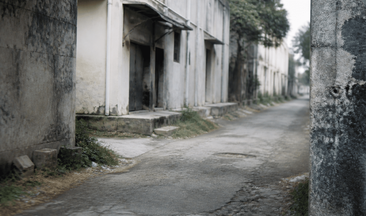 Rue urbaine abandonnee avec batiments deteriores et facades grises