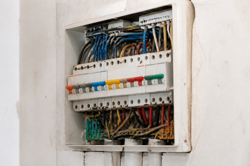 Tableau electrique ouvert avec fils et disjoncteurs colores