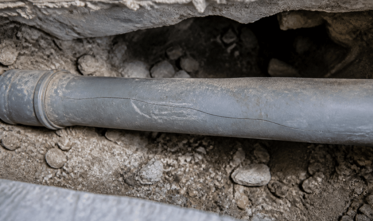 Tuyau de plomberie fissure sous dalle beton grise