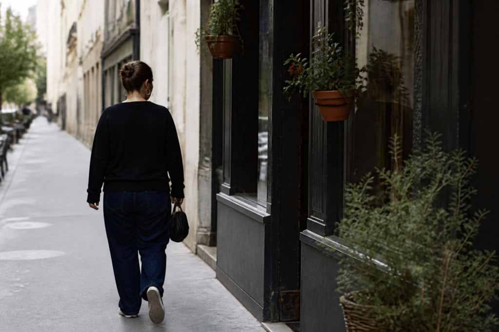 Personne marchant dans rue quartier avec commerces locaux visibles