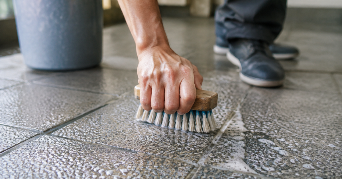 Personne frotte carrelage rugueux avec brosse