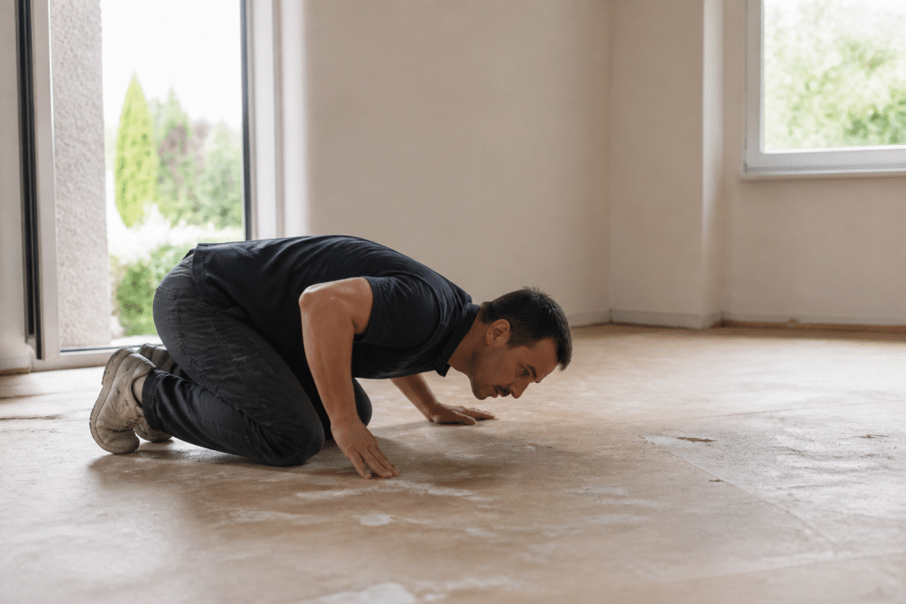 Inspection minutieuse plancher avant installation revêtement sol