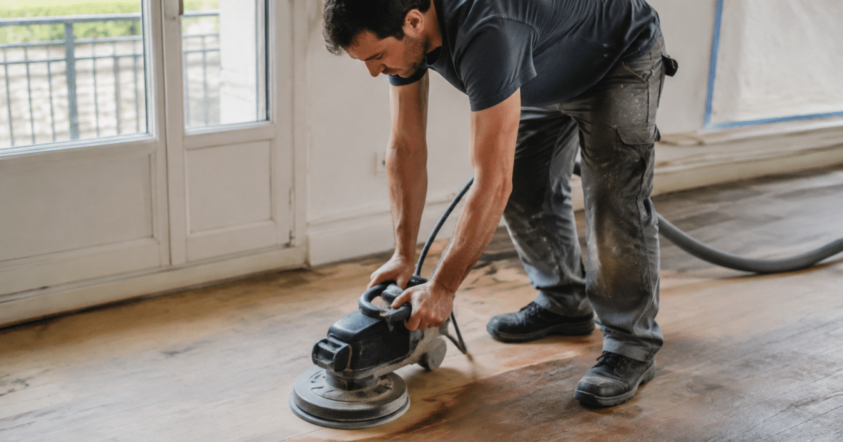Personne penchee ponçant parquet bois avec machine orbitale