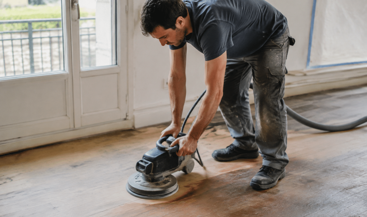 Personne penchee ponçant parquet bois avec machine orbitale