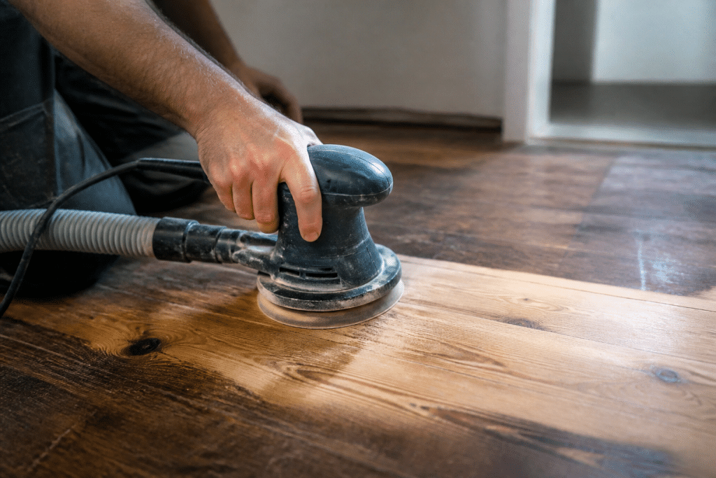 Ponceuse électrique glissant sur plancher bois avec grain visible