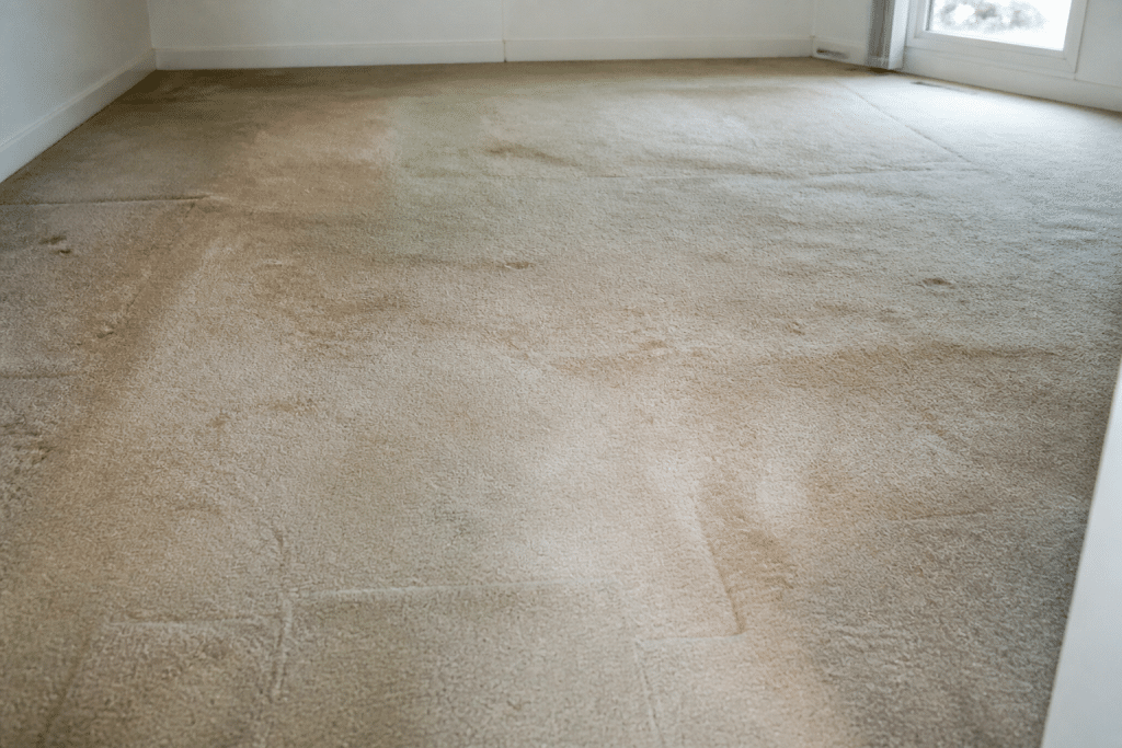 Moquette usee avec traces d'humidite avant pose parquet