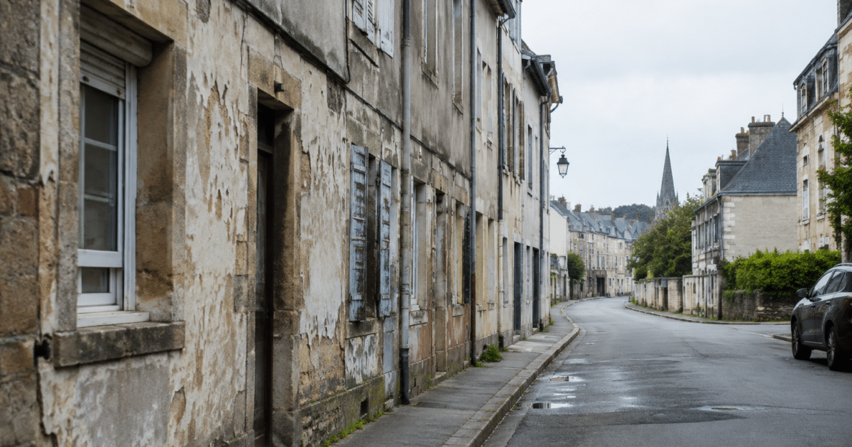 Rue urbaine avec immeubles delabres et facades degradees a Landerneau