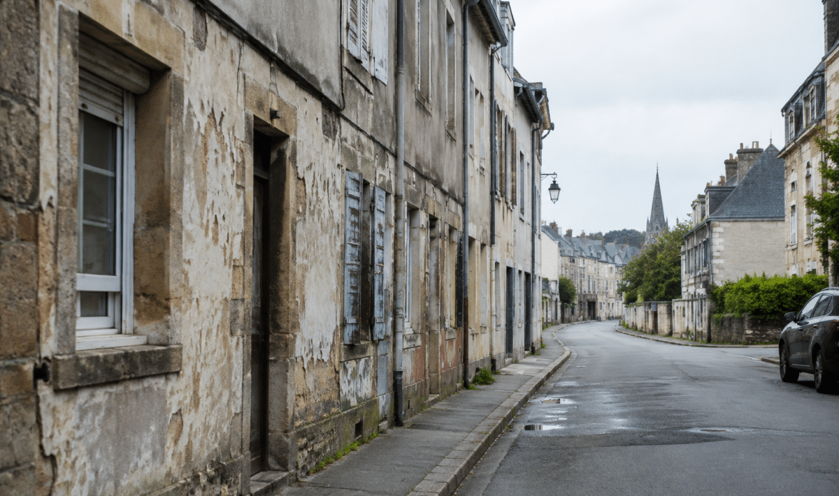 Rue urbaine avec immeubles delabres et facades degradees a Landerneau