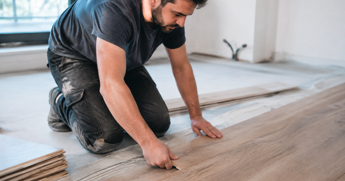 Artisan agenouille installe lames bois paralleles sol