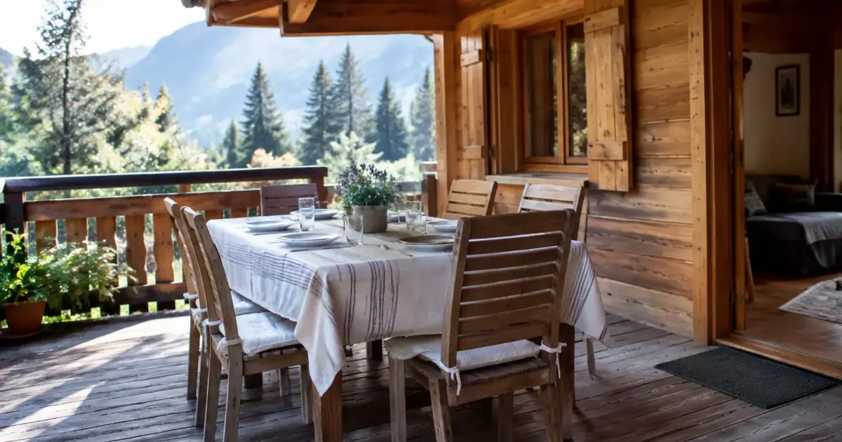 Chalet de vacances meuble avec table dressee sur terrasse