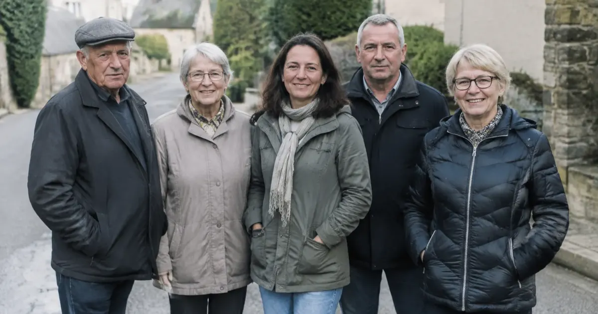 groupe residents debout alignes rue village