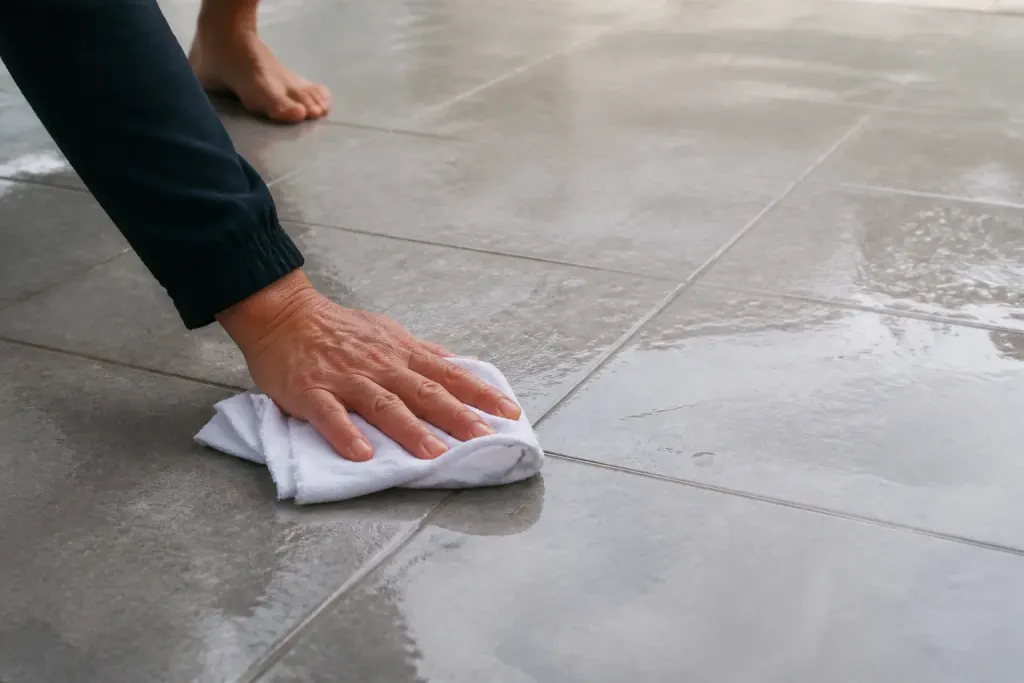 Main frottant un chiffon blanc sur carrelage gris humide