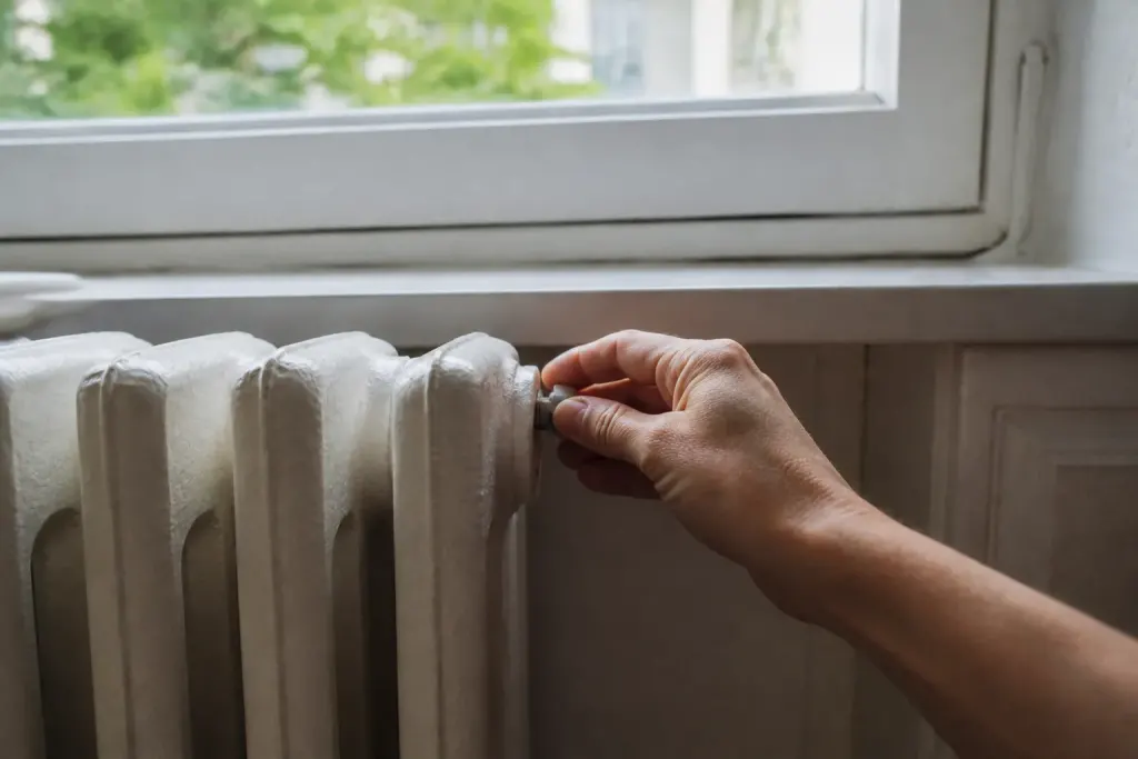 Main ouvrant un robinet purgeur sur radiateur en fonte