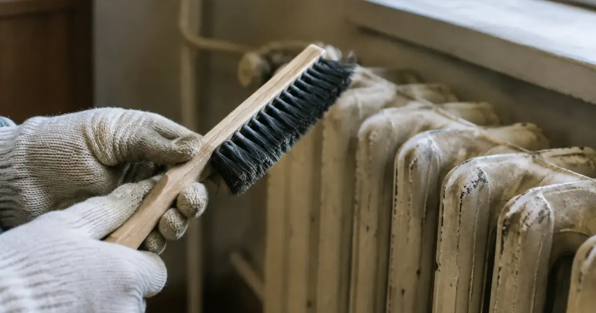 Mains gantees tiennent une brosse devant un vieux chauffage