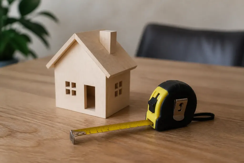 Maquette en bois de maison avec metre ruban