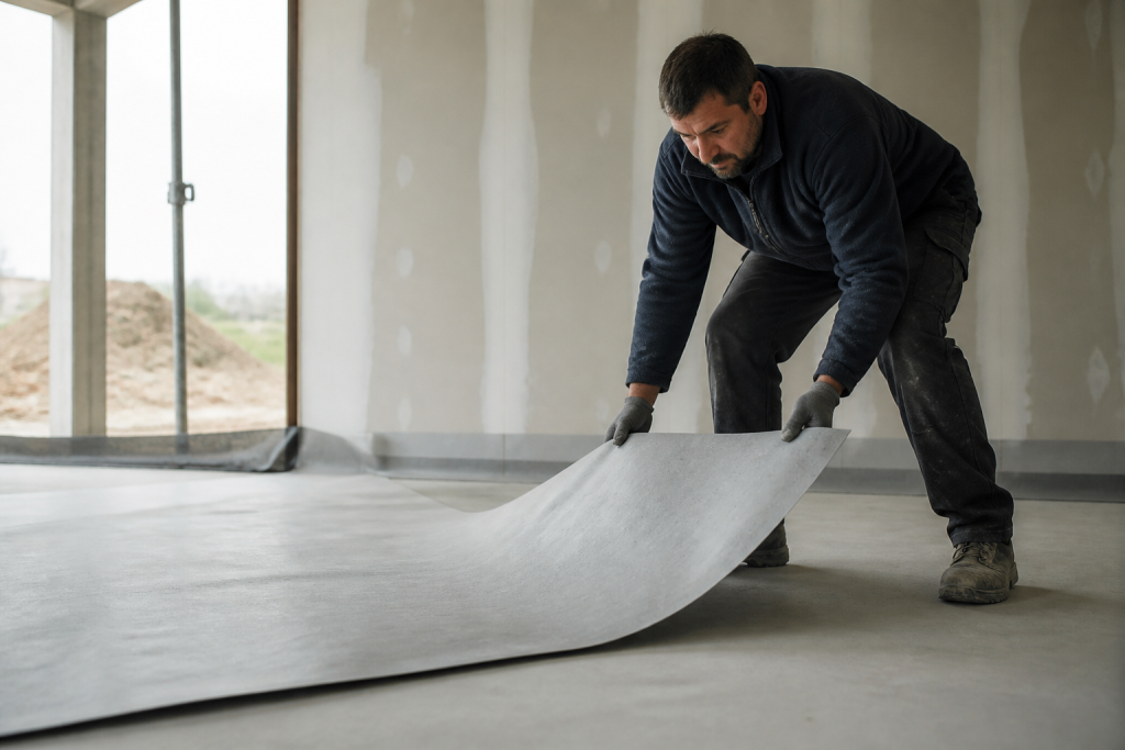 Ouvrier etendant membrane isolante sur sol beton