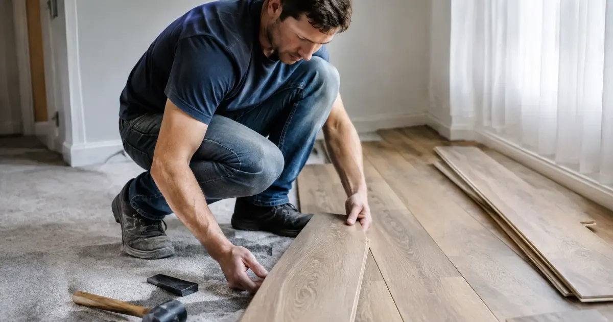 Ouvrier accroupi pose des lames de parquet sur moquette