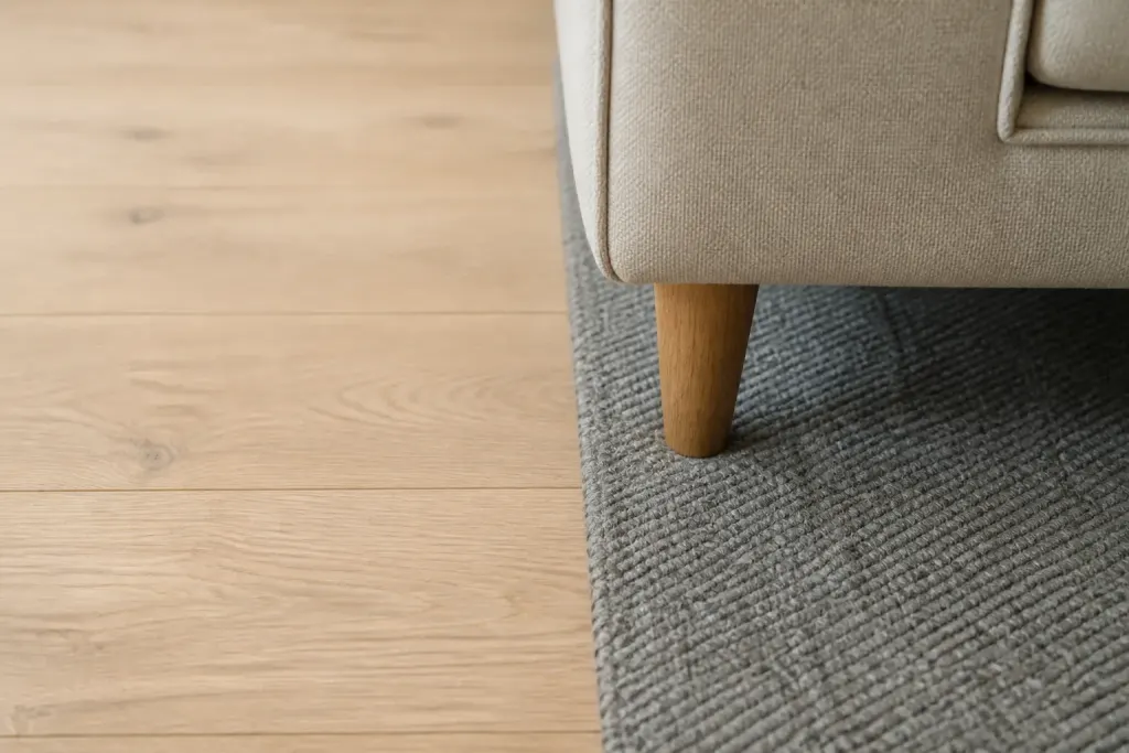 Parquet clair sur moquette grise, pied de canape
