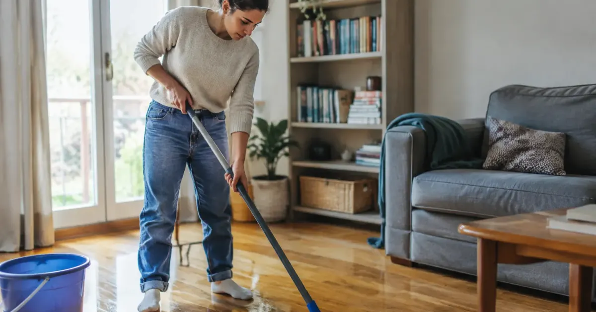 Personne lavant le parquet avec une serpilliere humide