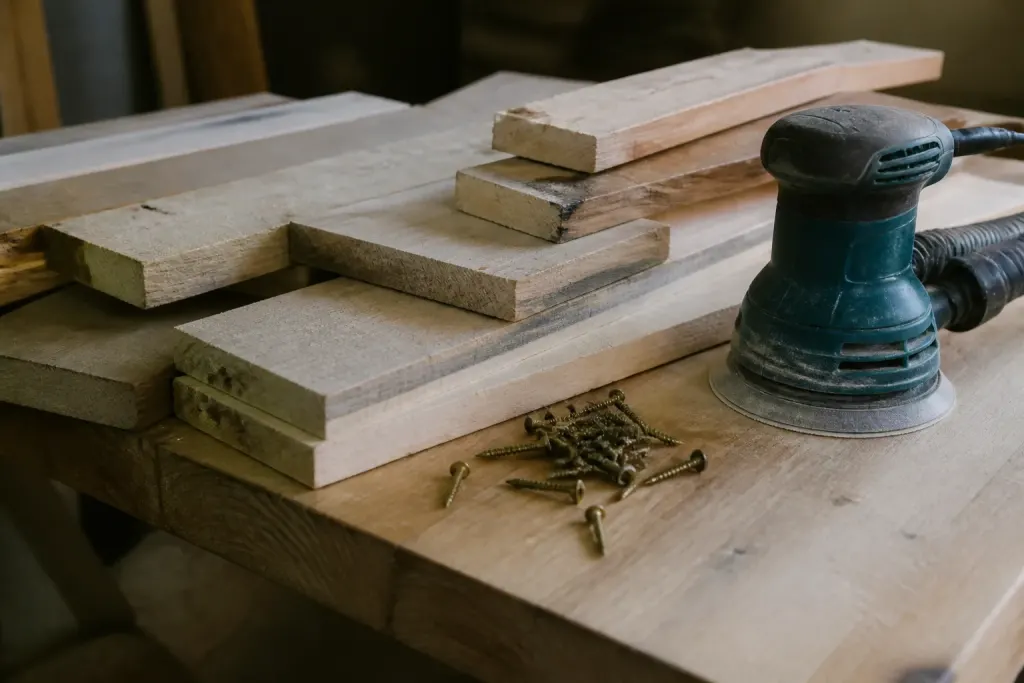 Planches de bois brut, ponceuse et vis sur table