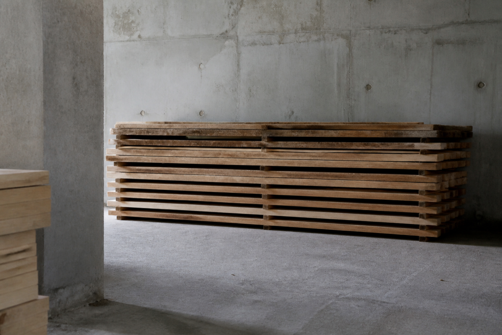 Planches de bois entreposees plat pieces vides