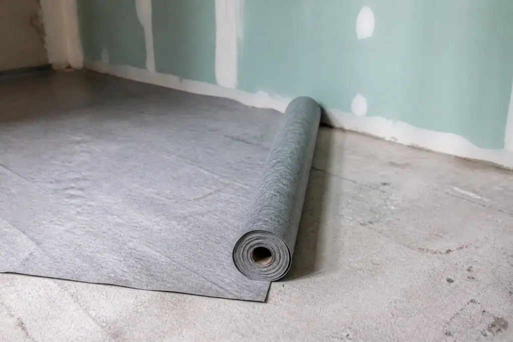Rouleau de sous couche grise deroule au sol