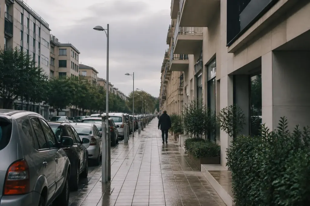 Rue magasins ecoles transports services batiments propres