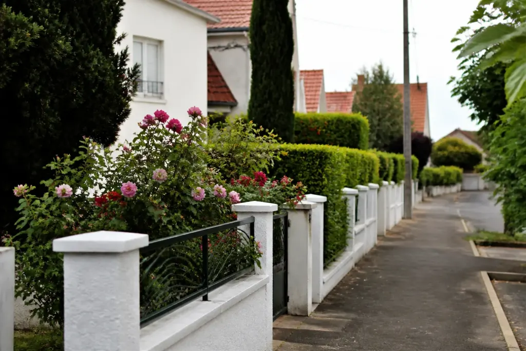 Rue pavillonnaire avec maisons et jardins fleuris