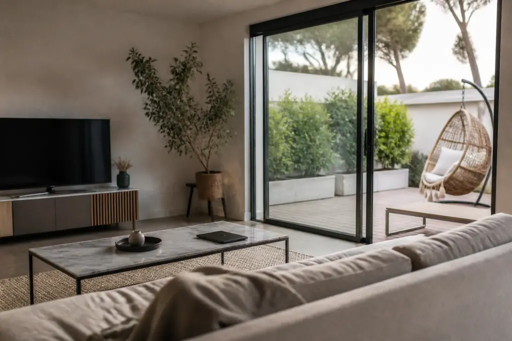 Salon lumineux ouvert sur terrasse avec baie vitree