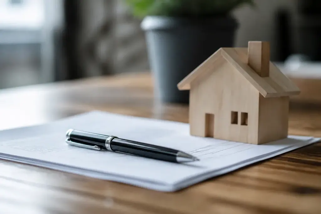 Stylo sur contrat et petite maison en bois