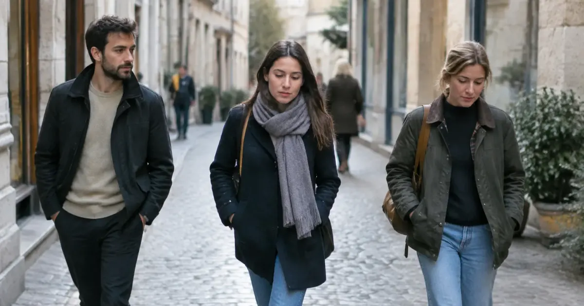 Trois passants marchent dans une rue pietonne pavee