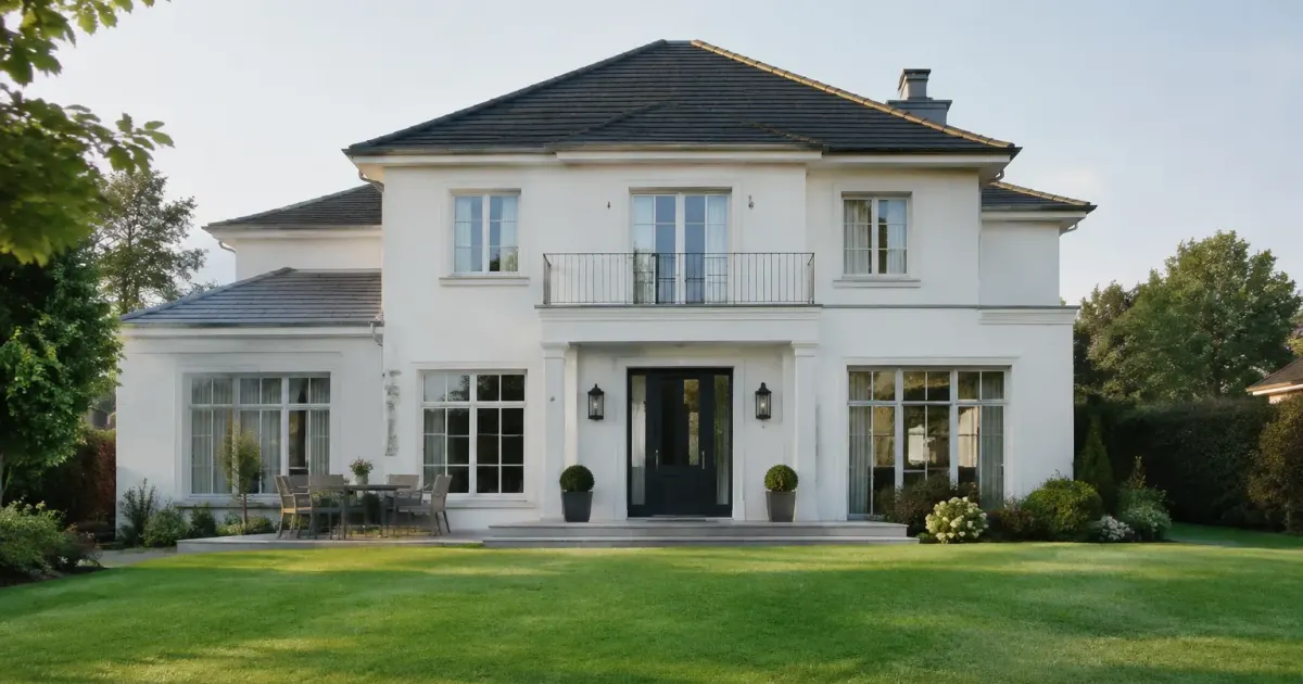 Villa blanche vue de face sur pelouse verte